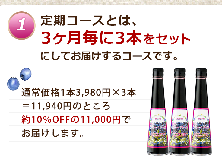 定期コースとは3ヶ月毎に3本をセットにしてお届けするコースです。 通常価格1本3,980円×3本＝11,940円のところ約10％OFFの11,000円でお届けします。